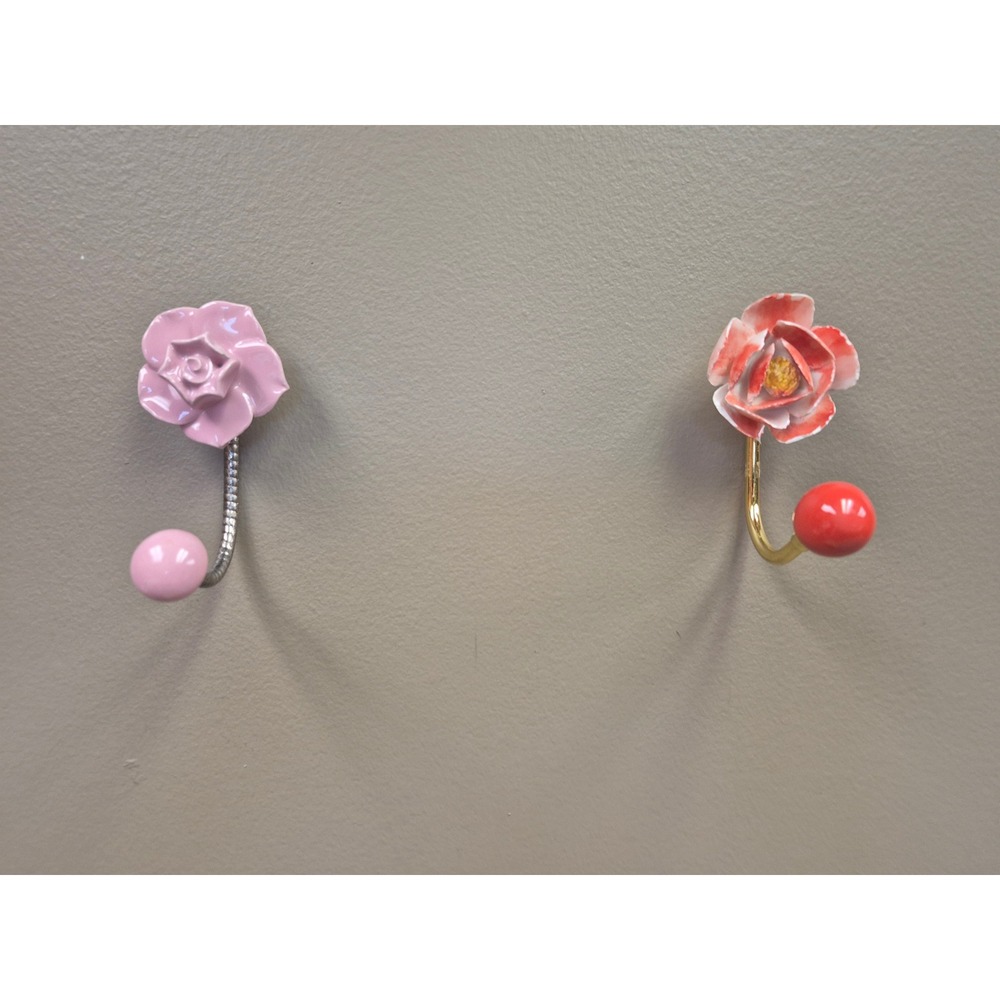 Set 2 Ceramic Flower Wall Hooks Pink Rose Red Camellia Coat Towel Hangers Decor